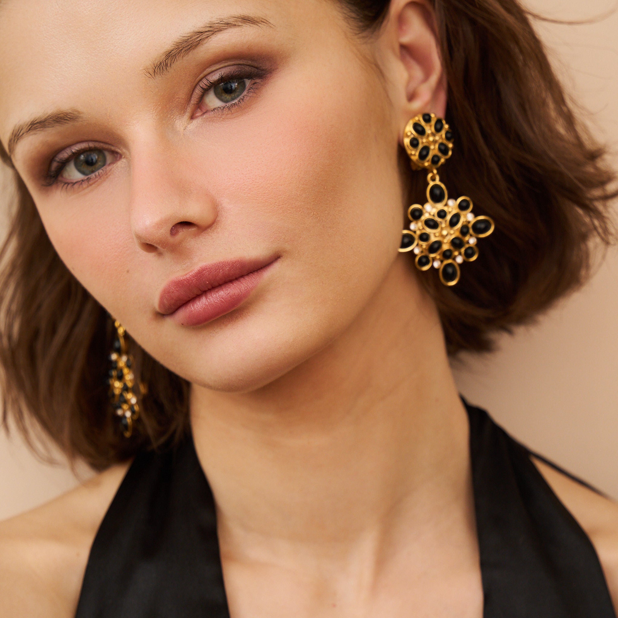 Black Cabochon Drop Clip-On Earrings