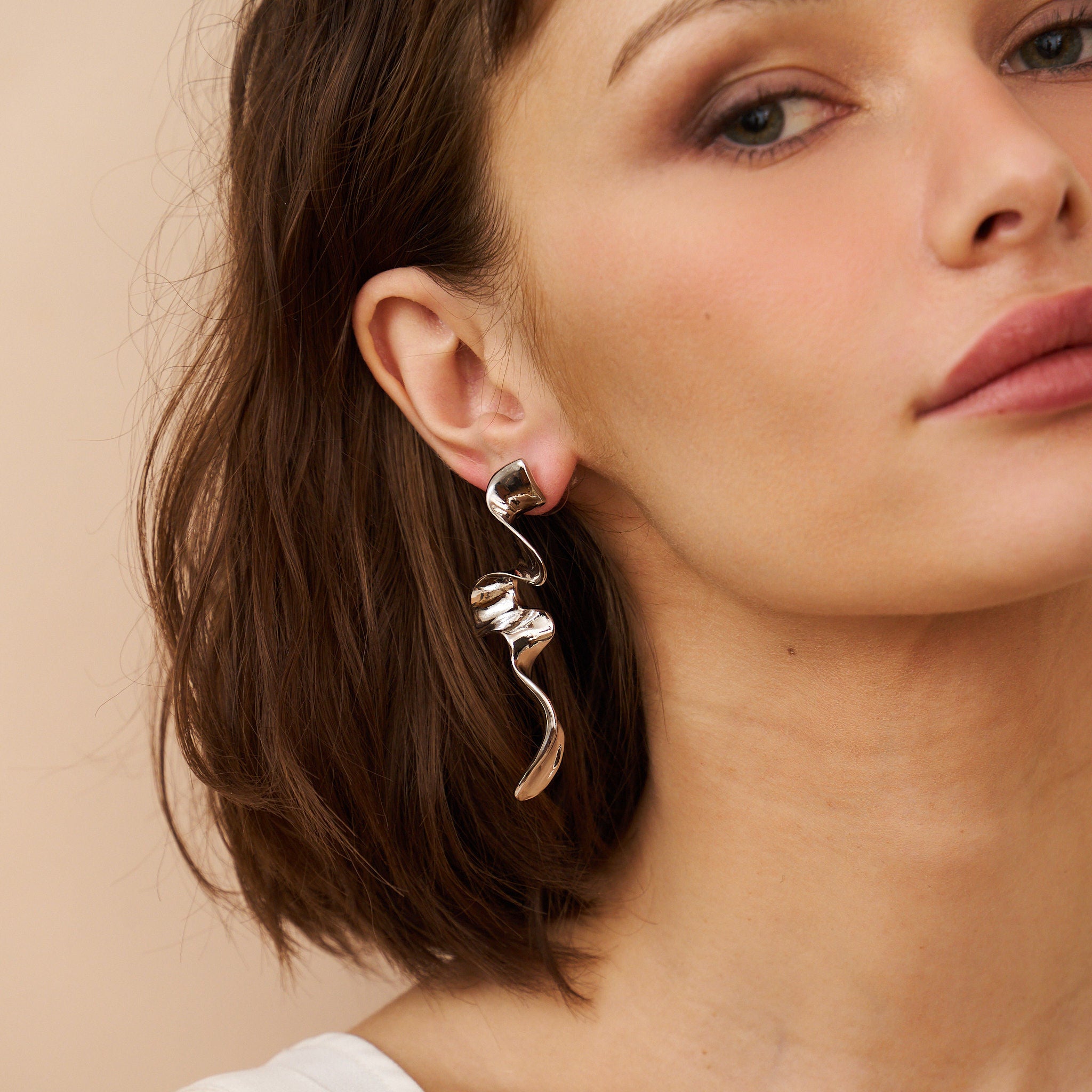 Textured Swirl Drop Pierced Earrings - Silver