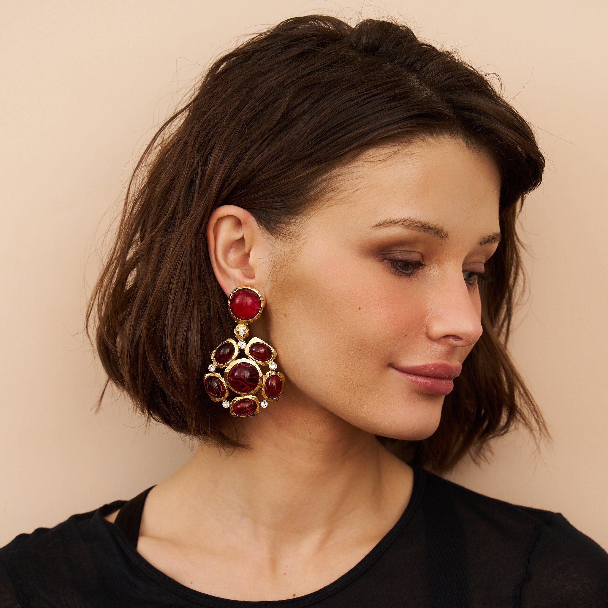 Ruby Cluster Drop Clip-On Earrings
