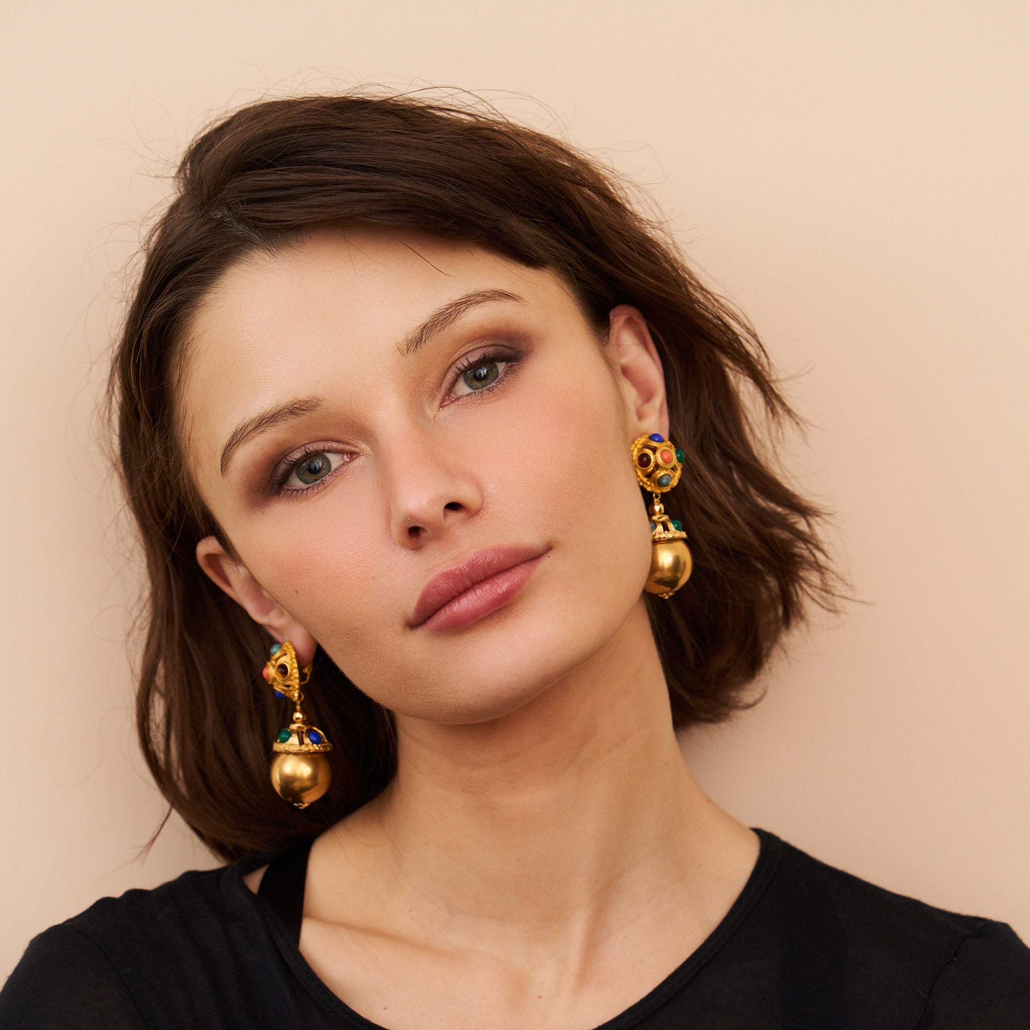 Jeweled Cabochon Drop Clip-On Earrings