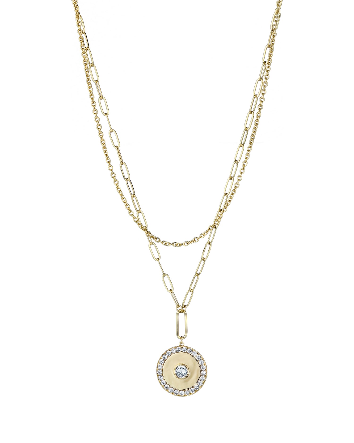 Double Stranded Cubic Zirconia Disc Pendant Necklace