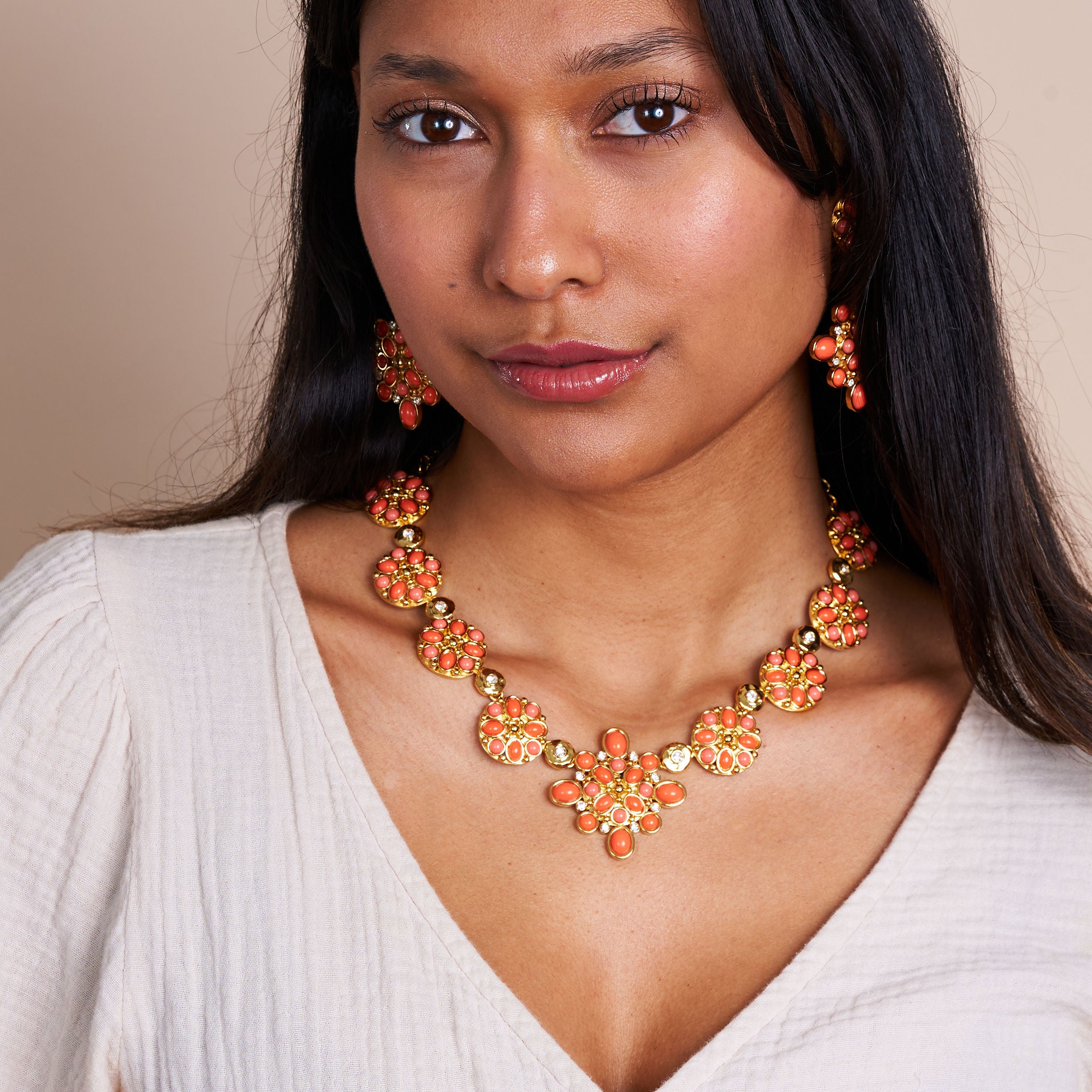 Coral Rhinestone Gold Chain Necklace