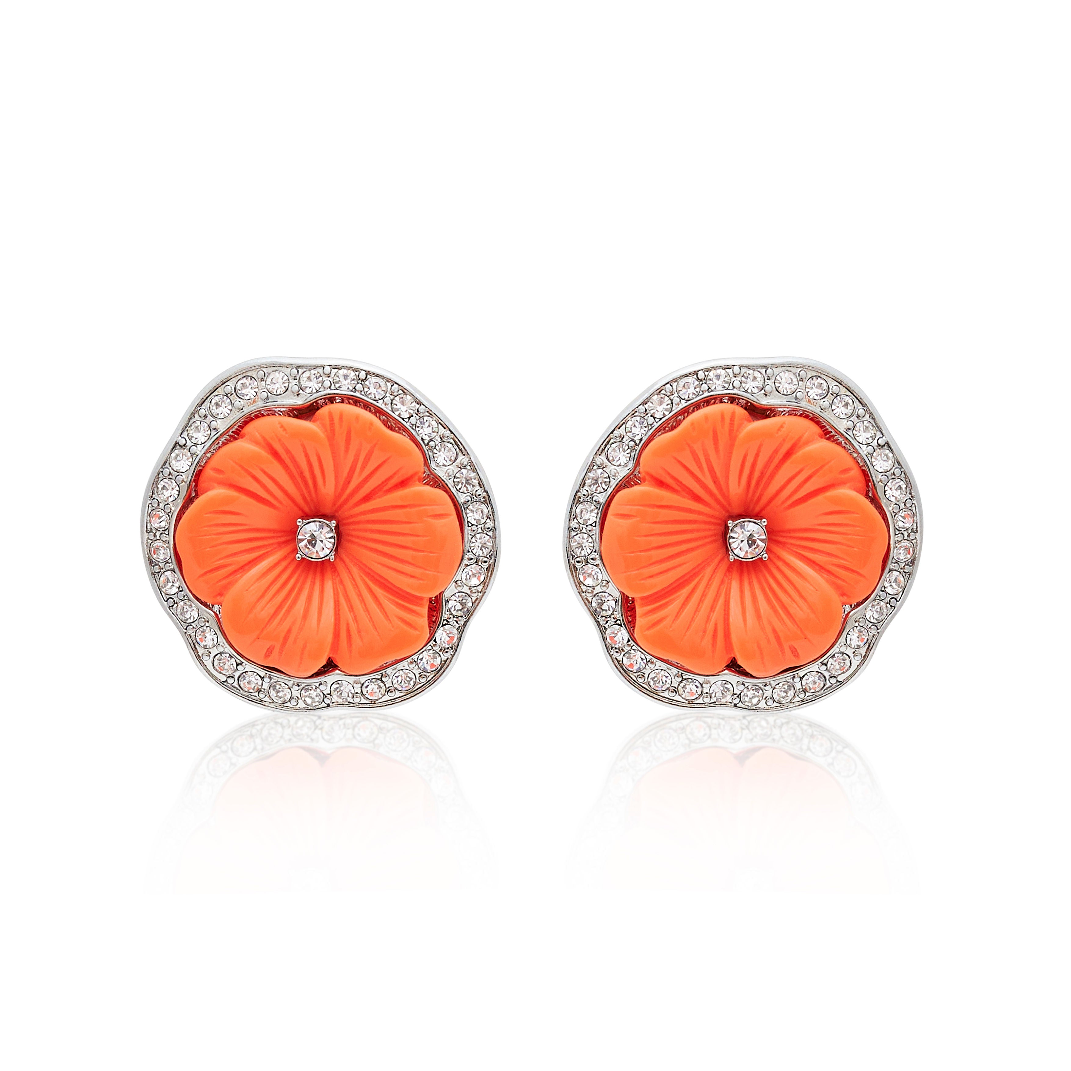 Rhodium & Coral Resin Pansy Clip Earrings