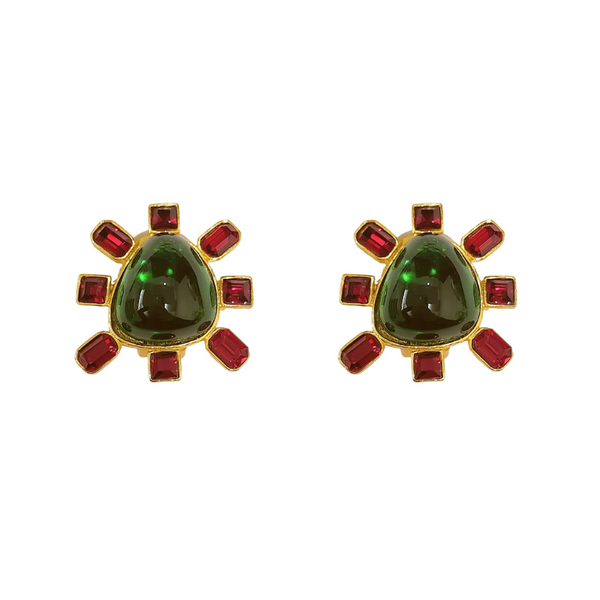 Ruby and Emerald Cabochon Center Clip Earring