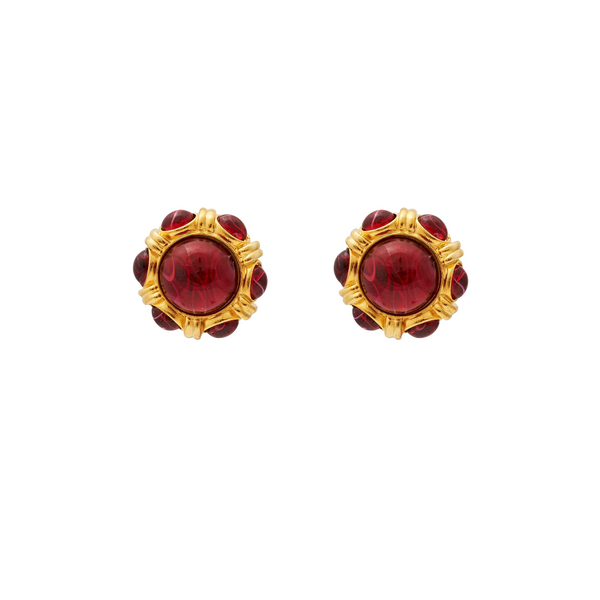 Gold & Ruby Button Clip Earrings
