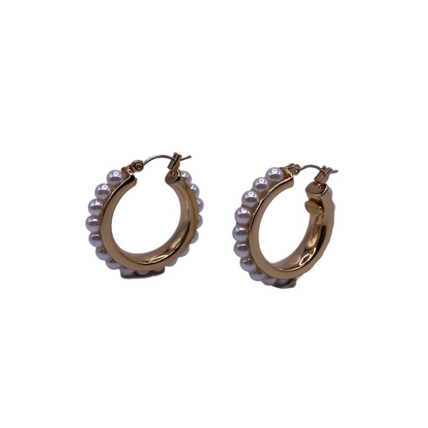 Polished Gold and White Pearl Hoop Earring