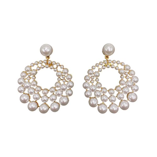 Gold and White Pearl Cluster Circle Earrings