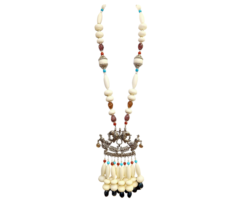 Vintage Ivory Bead Fish & Bird Pendant Drop Necklace