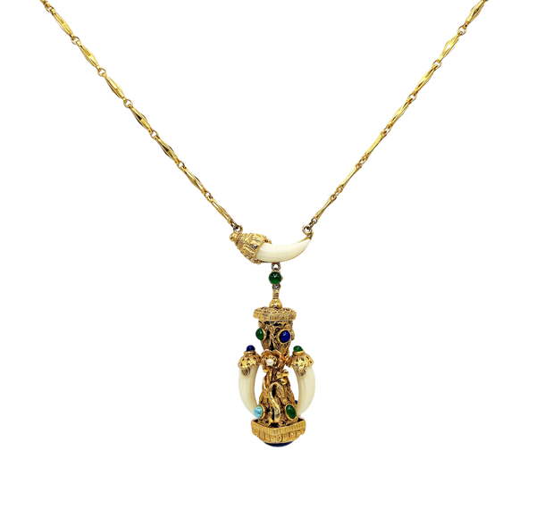 Vintage Gold Chain Etruscan Elephant Pendant Necklace