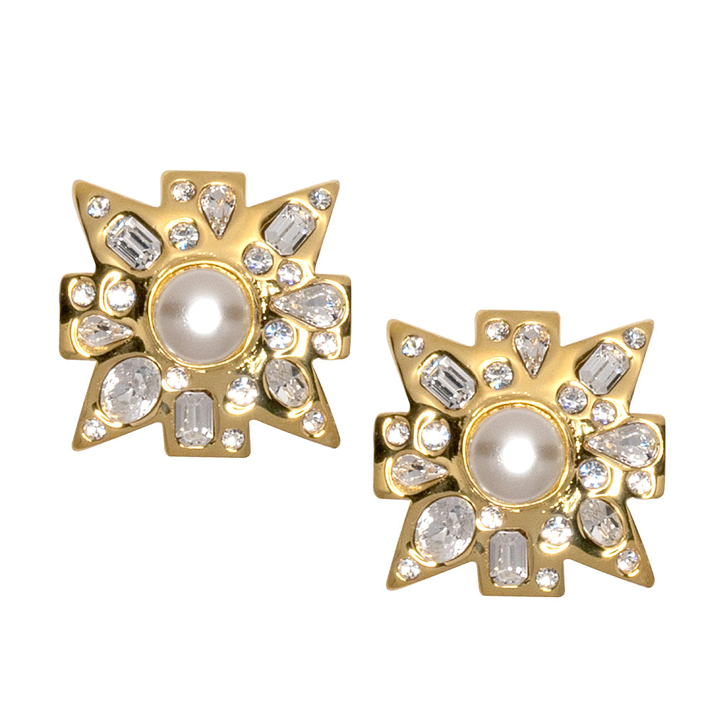 Crystal and Pearl Maltese Cross Clip Earrings