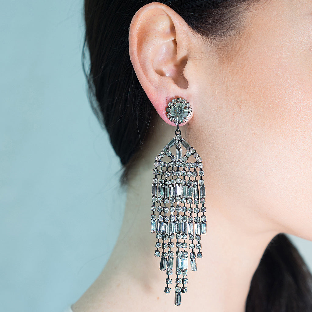 Gunmetal and Crystal Waterfall Clip Earrings