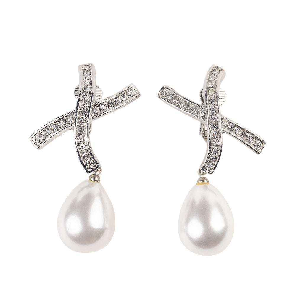 Grace Of New York Clip-On Pearl Crystal Dangle Earrings – Silver Fashion