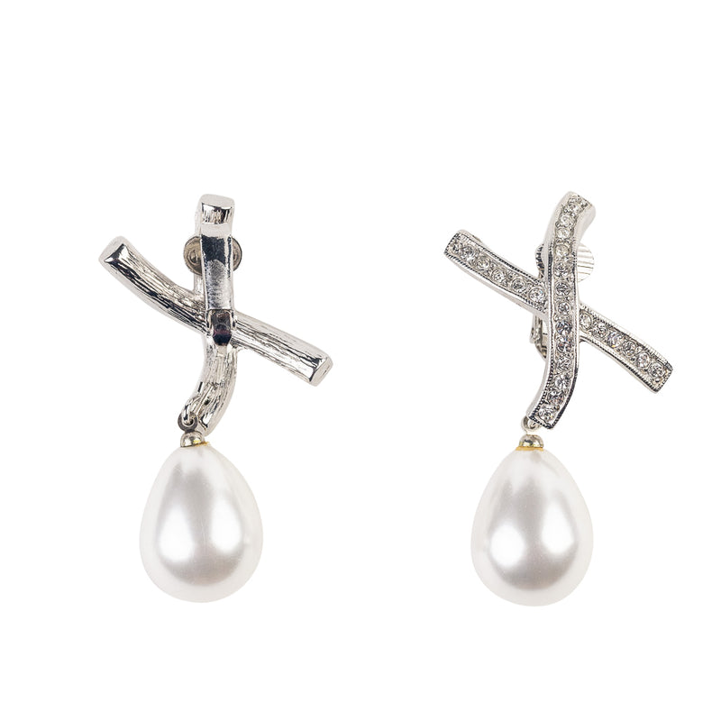 Rhinestone "X" Pearl Drop Clip Earrings