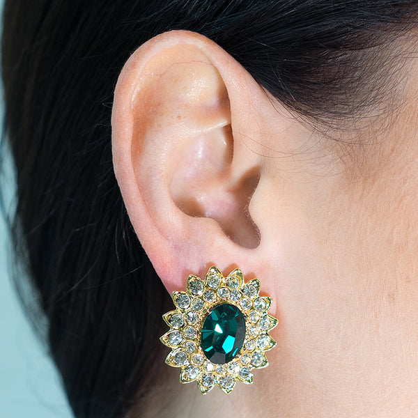 Gold And Crystal Setting Emerald Stone Center Clip Earring