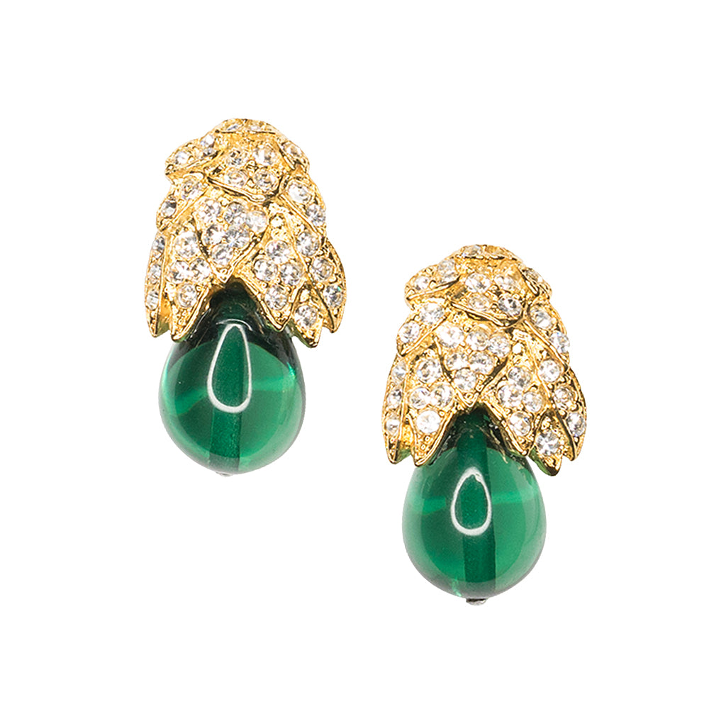 Jackie Kennedy Onassis Feathered Emerald Clip-On Earrings