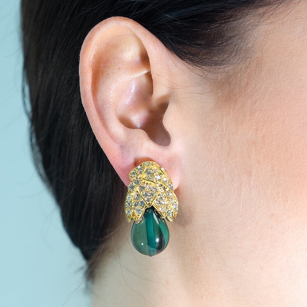Jackie Kennedy Onassis Feathered Emerald Clip-On Earrings