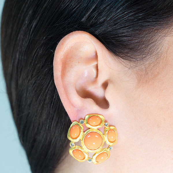 Coral Cabochon Clip Earrings