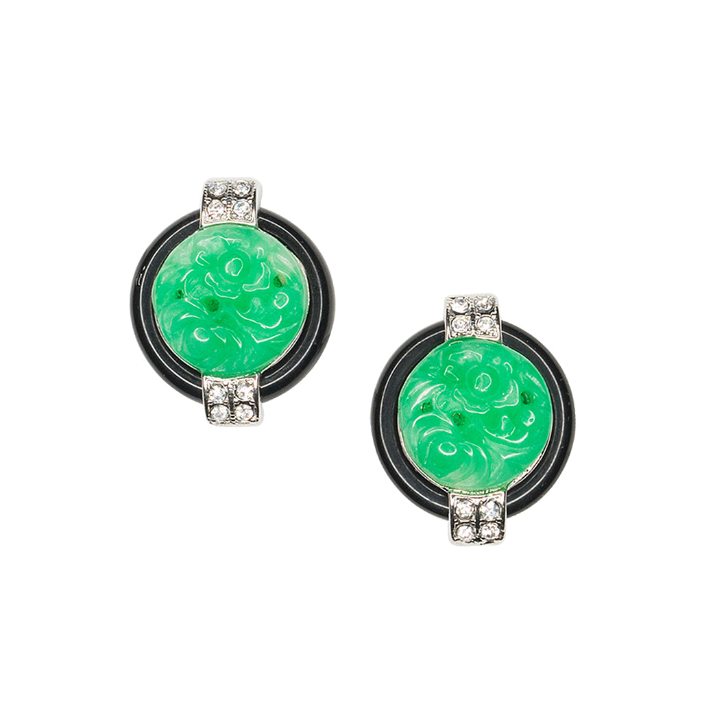 Boucles D'oreilles Clip En Argenté Avec Jade Sculpté Vert - Style Art Déco Années 1920, Neuf Sans Emballage