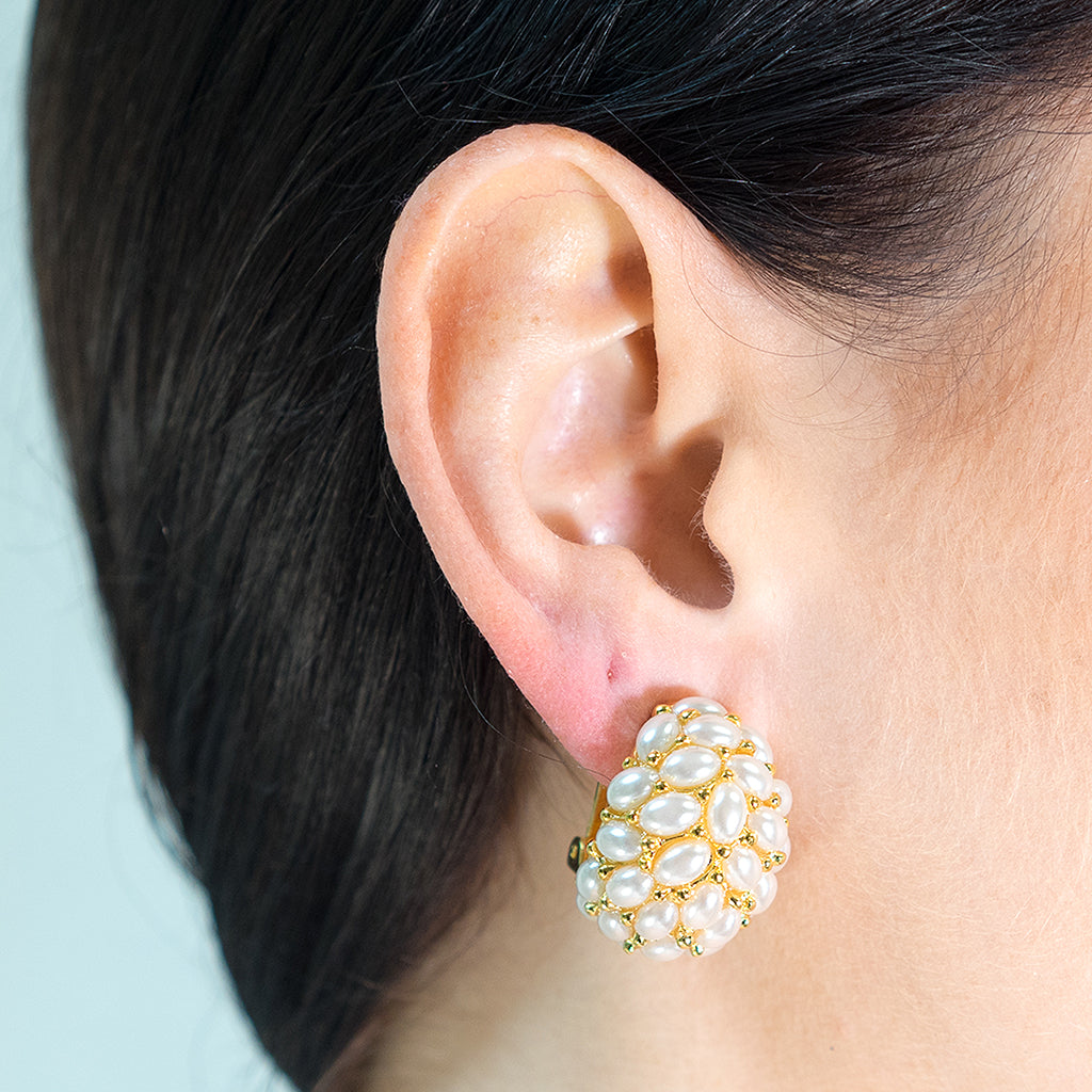 Pearl Cabochon Hoop Clip Earrings