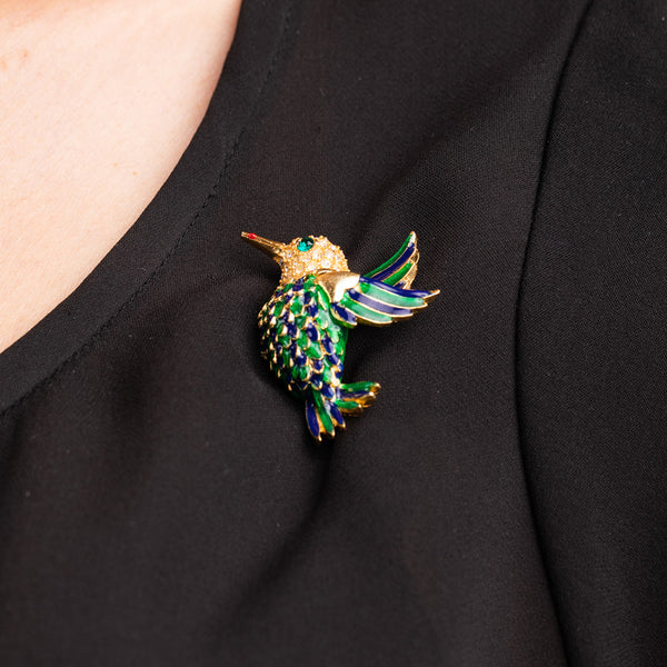 Gold with Green and Lapis Enamel Hummingbird Pin