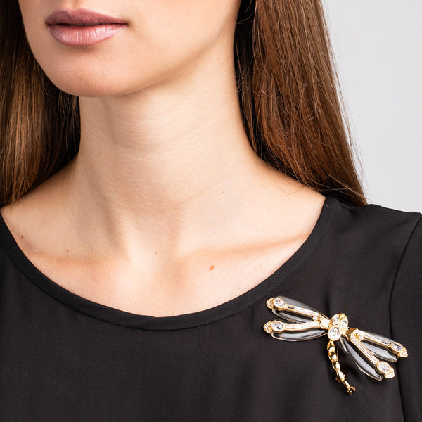 Gold and Crystal Dragonfly Pin with Clear Wings
