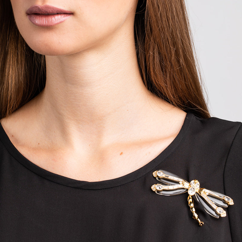 Gold and Crystal Dragonfly Pin with Clear Wings