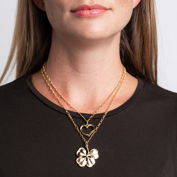 Heart and Clover Double Chain Pendant Necklace