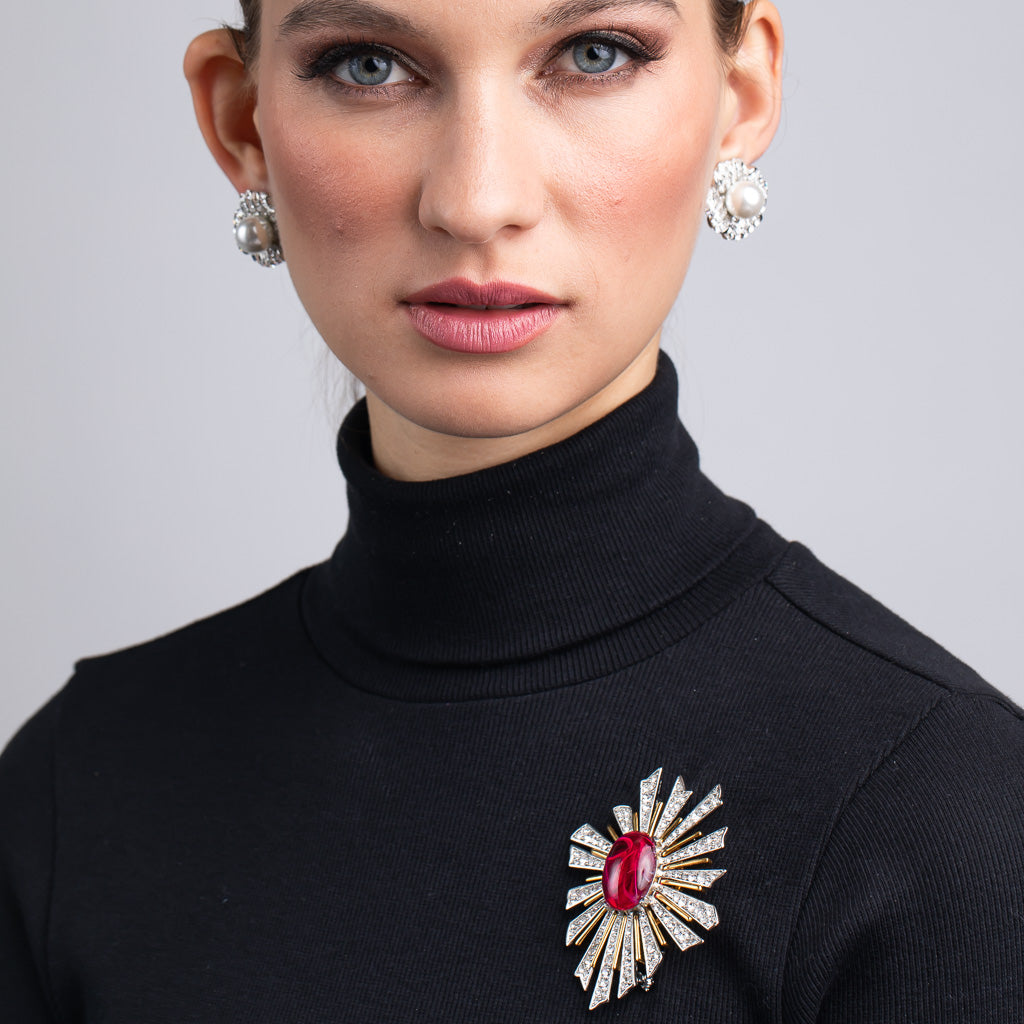 Ruby Center Sunburst Pin
