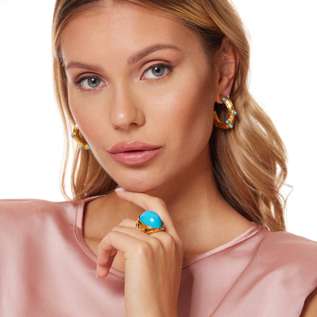 Turquoise & Coral Dot Cabochon Ring