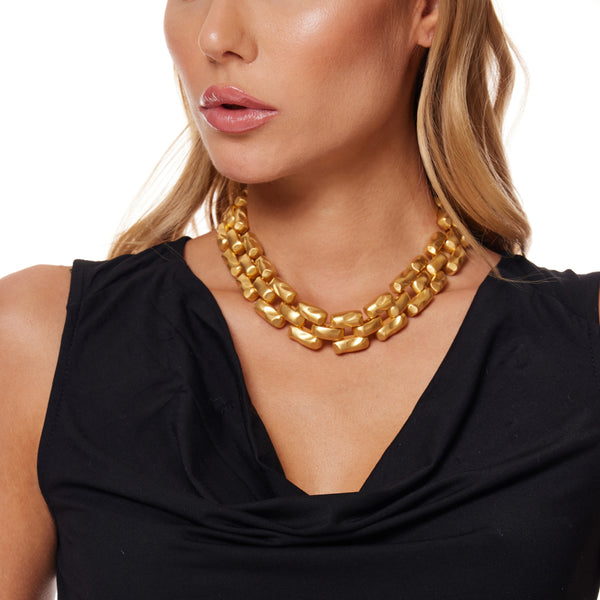 Satin Gold 3 Row Hammered Bars Necklace