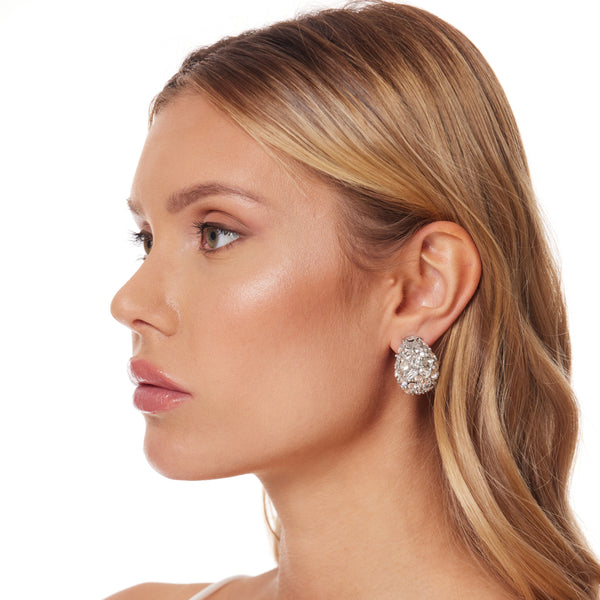 Silver and Crystal Oval Stones Domed Clip Earring