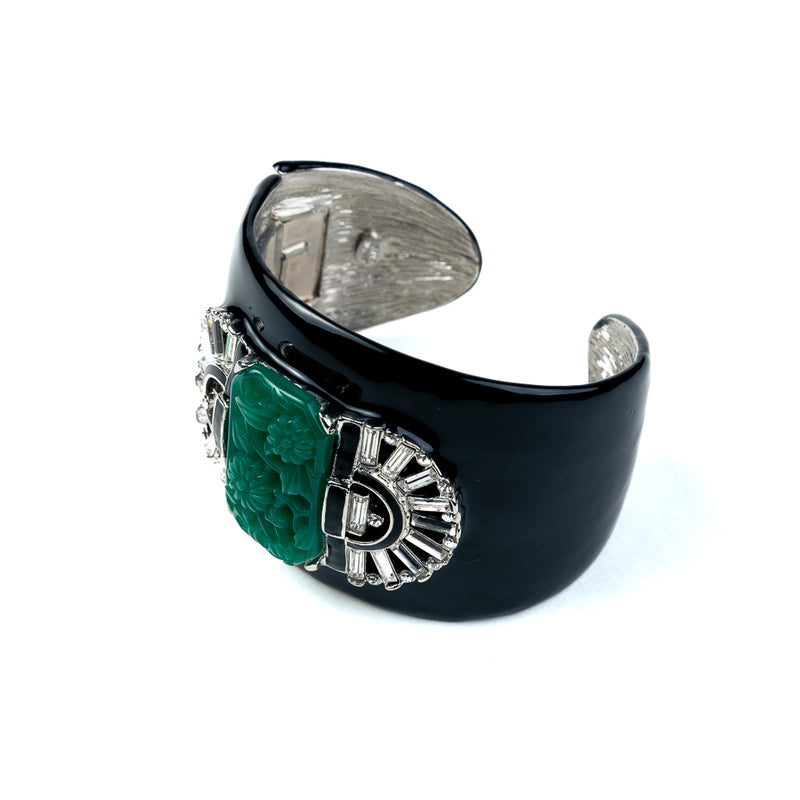 Black and Silver Crystal Cuff Bracelet with Decorative Jade Center