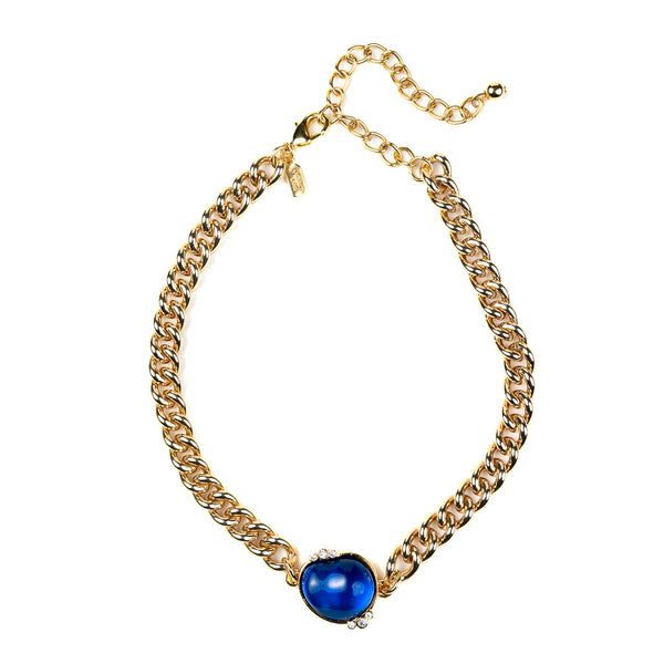 Gold Chain Extender Choker with Sapphire Nugget and Crystals