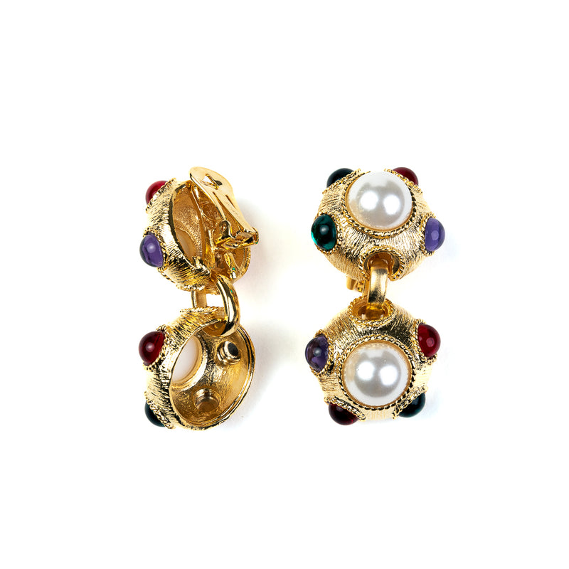 Multicolored Gemstone & Pearl Clip On Earrings