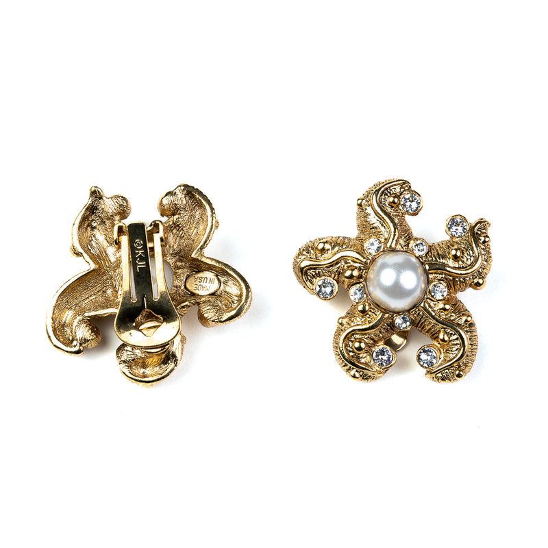Antique Gold and Crystal Starfish Clip Earring with Pearl Center