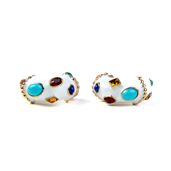 White & Multicolored Gemstones Clip-On Hoop Earrings