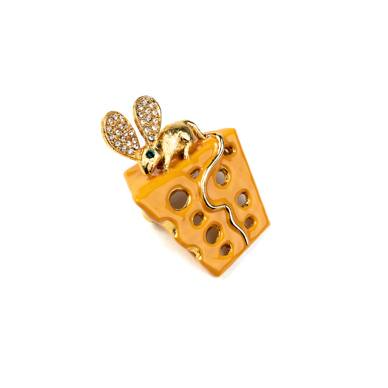 Orange Enamel Cheese Pin featuring Gold Mouse with Crystal Ears