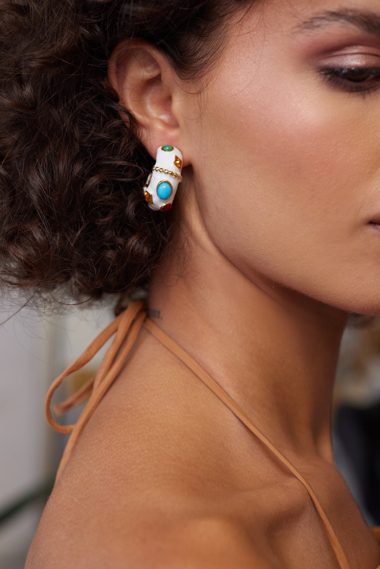 White & Multicolored Gemstones Pierced Hoop Earrings