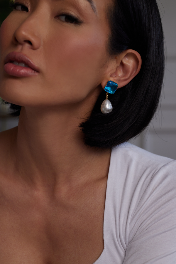 Sapphire Stone Pearl Drop Pierced Earrings