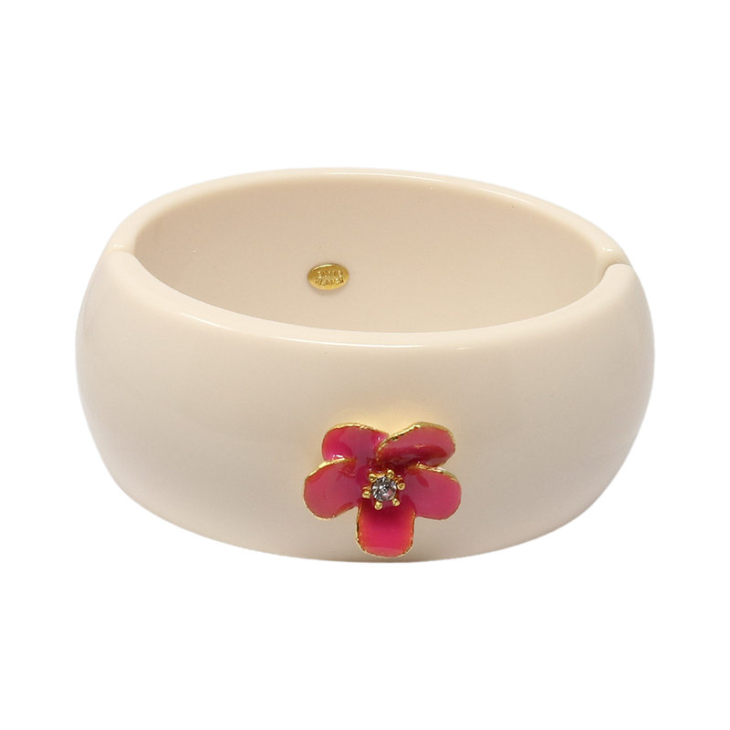 Gold Pink Enamel Flower Cuff by Kenneth Jay Lane Luxurious gold pink enamel flower cuff Flower inspired cuff Pink enamel flower with gold details Perfect for any outfit A must-have for any jewelry collection Shop this flower cuff today and add a touch of luxury to your look
