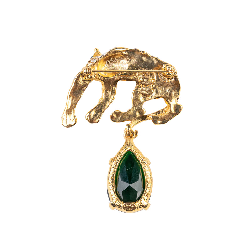 Gold and Crystal Leopard Pin with Emerald Eyes