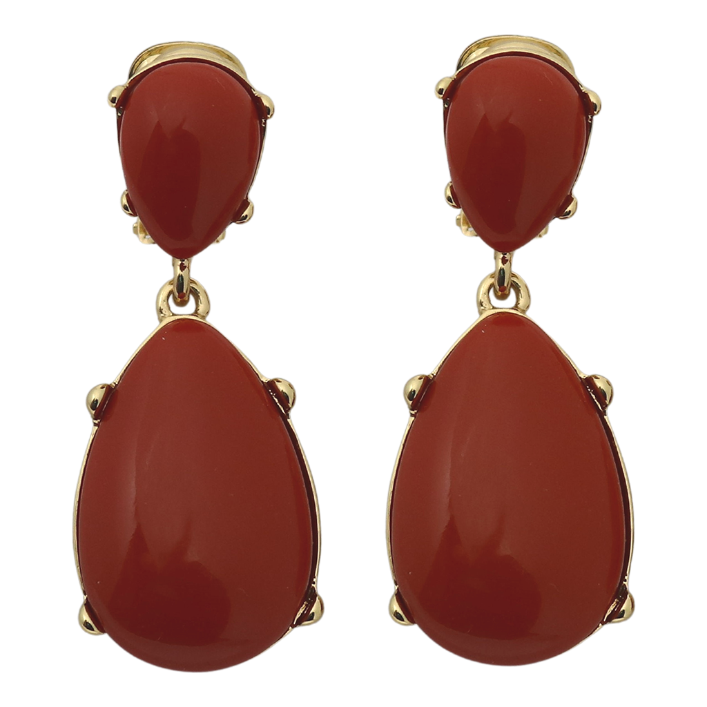 dark coral resin teardrop cabochon clip earring kenneth jay lane gold-plated dark coral resin teardrop shape clip-on closure statement earrings glamour earrings evening earrings gift for her women's jewelry