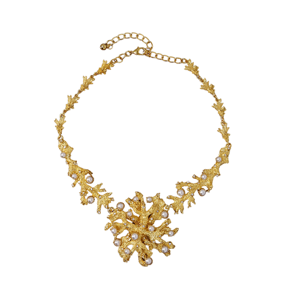 Satin Gold and White Pearl Branch Necklace