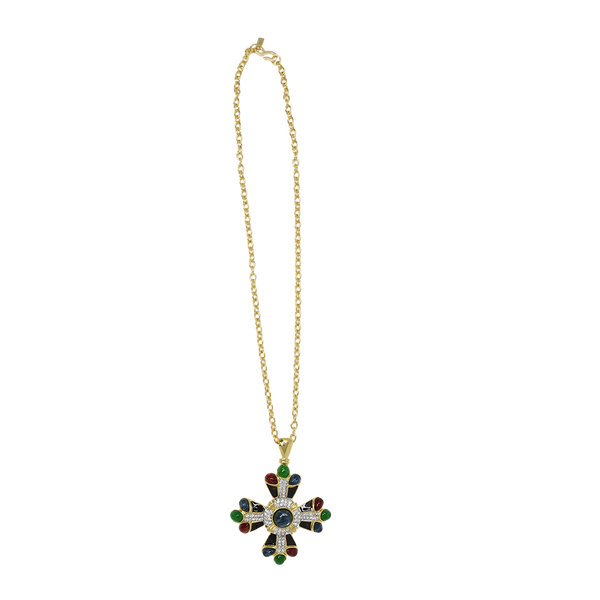 Black Enamel With Sapphire Cross Pendant Necklace