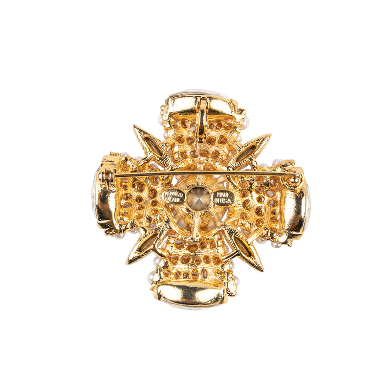 Gold and Pearl Crystal Side Cross Pin