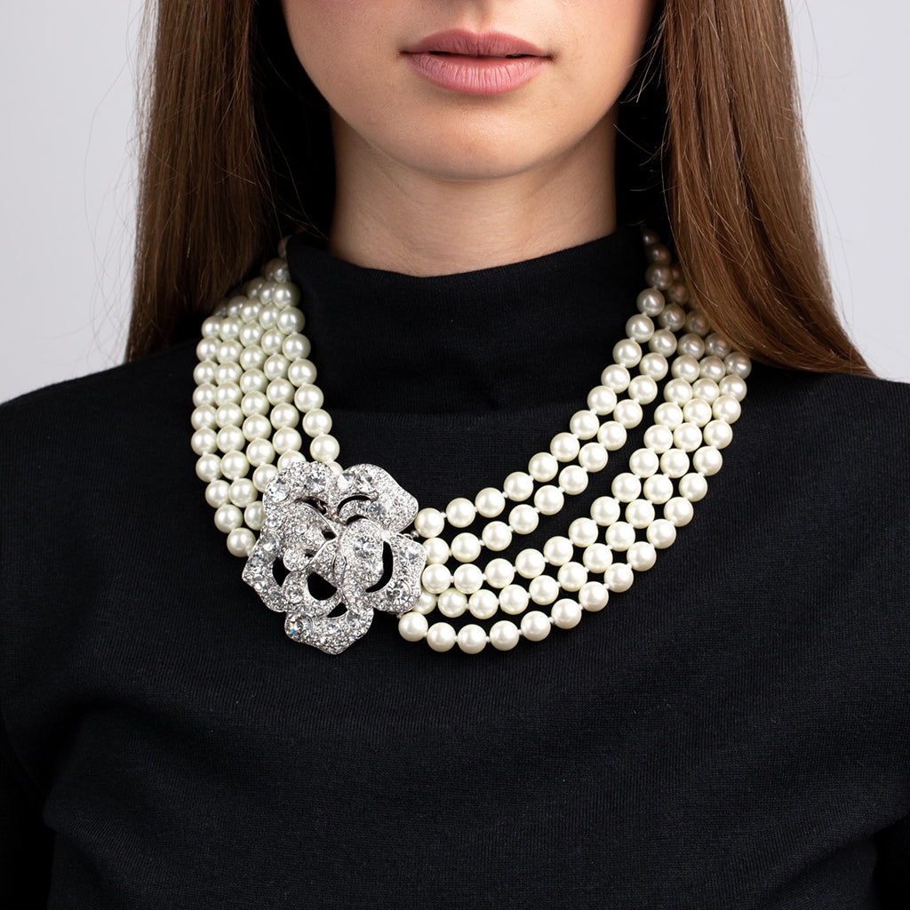 Satin Gold Flower Necklace with Crystal and White Pearl Centers