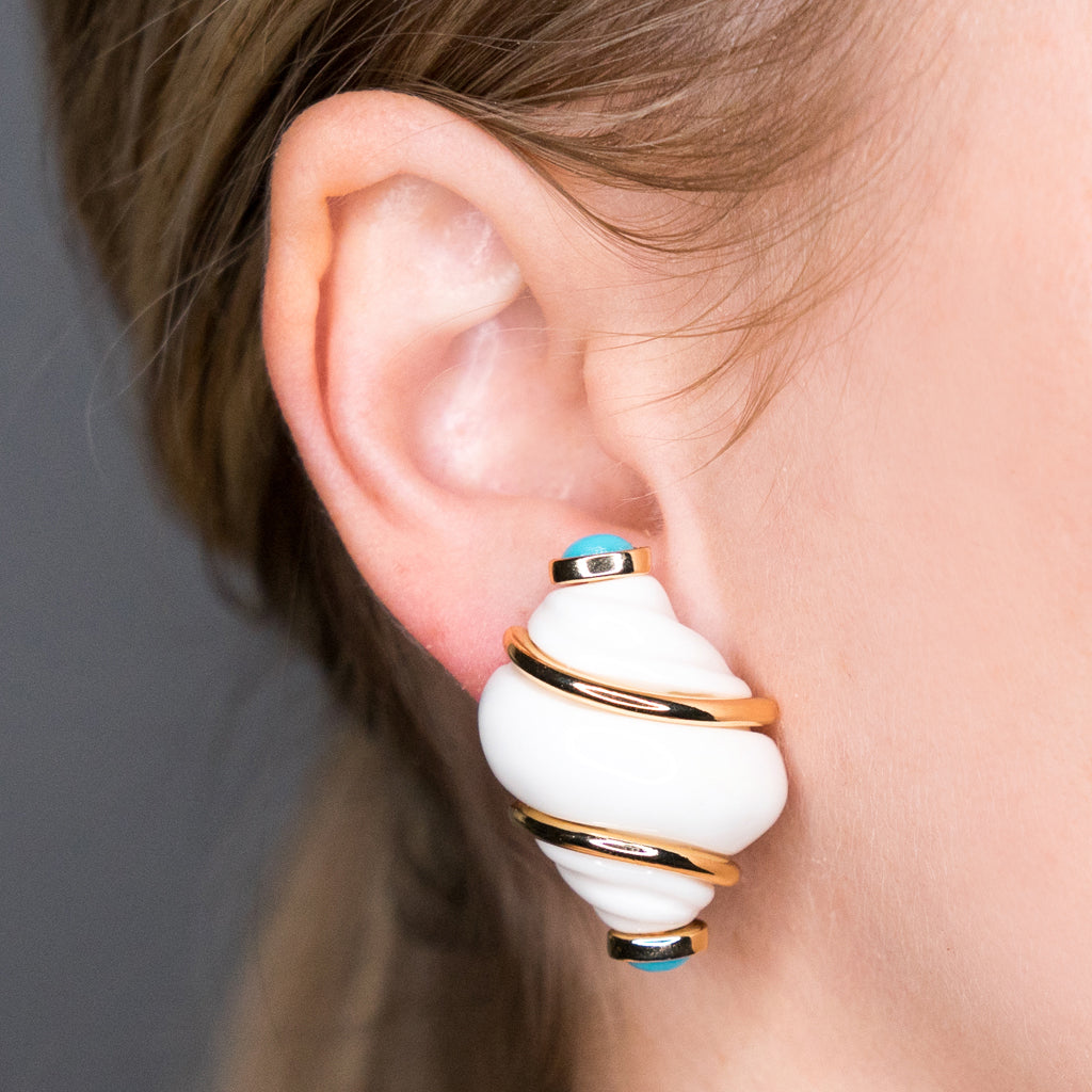 White Shell & Turquoise Tips Clip-On Earrings