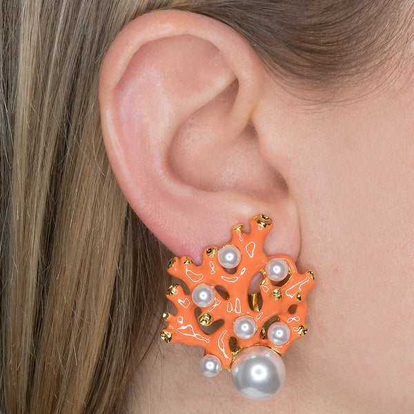Coral & Pearl Dot Clip Earrings