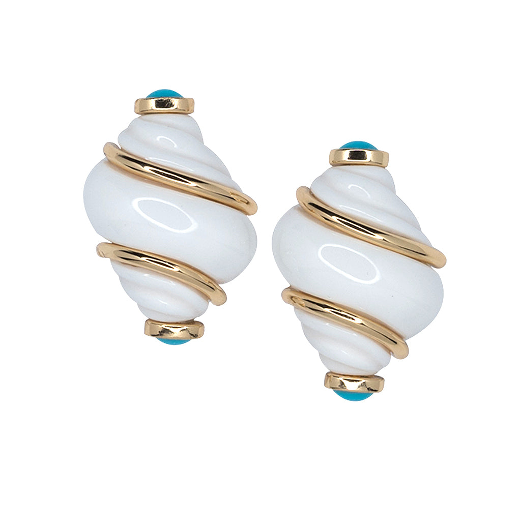 White Shell & Turquoise Tips Clip-On Earrings