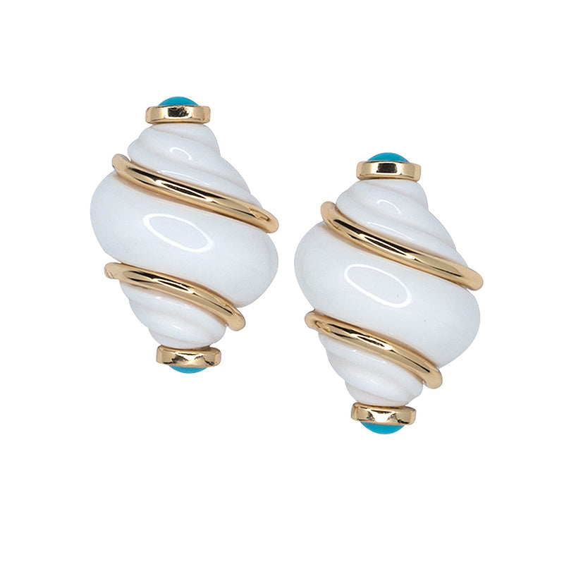 Polished Gold White Shell with Turquoise Tip Clip Earrings